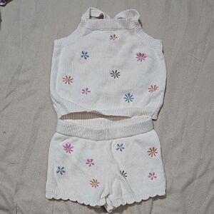White Knit Tank and Shorts Set with Floral Embroidery